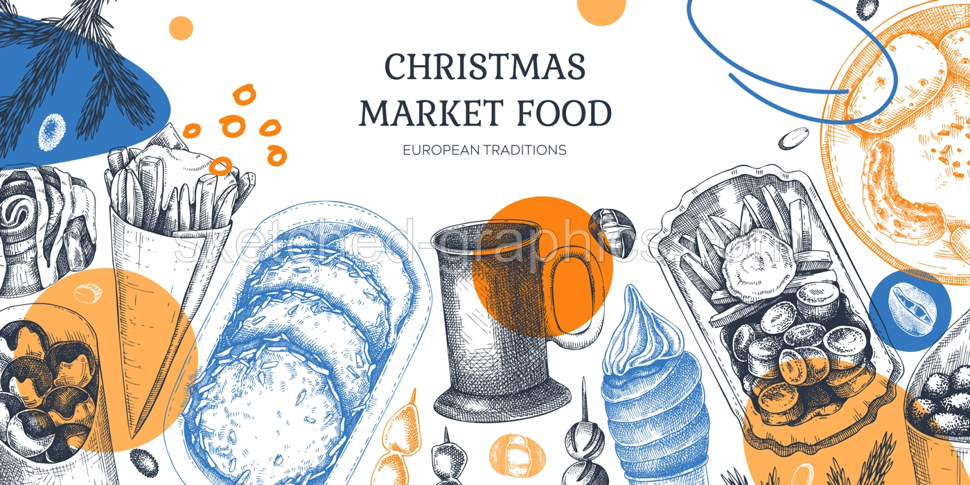 Traditional European Christmas market food background. Collage style fast food menu design. hand-drawn vector illustration. Mulled wine, potato pancakes, French fries, pastries, raclette sketches. Illustration